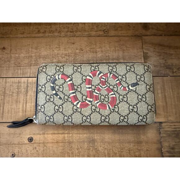 Gucci Other - Gucci Wallet Mens GG Supreme Canvas Snake Print Zip Around Long Wallet W/COA